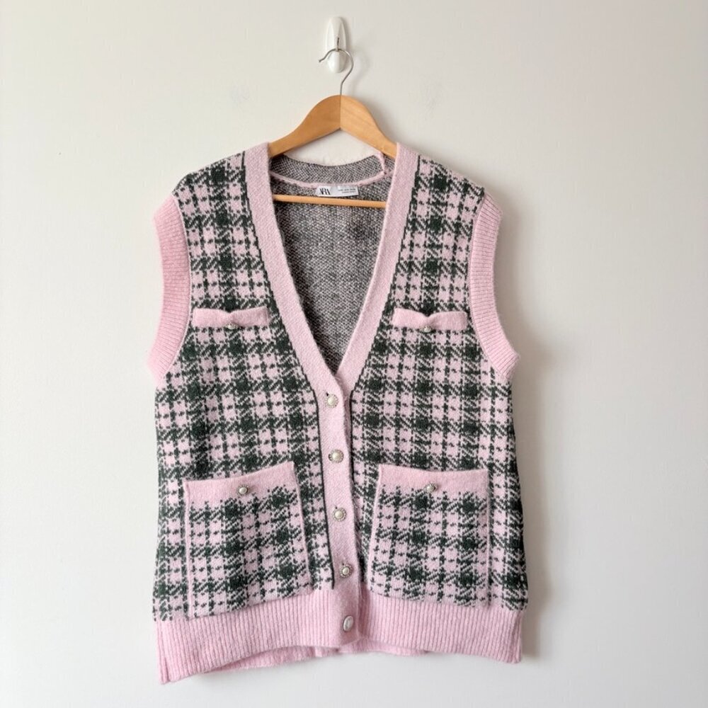 Zara Plaid Sweater Vest Pearl Buttons Pink Green Size Small Blogger Fav - Picture 4 of 8
